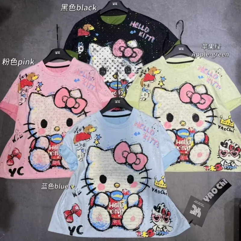 Высокое качество, летняя новая милая возрастная футболка с короткими рукавами и рисунком «Hello Kitty», женские повседневные топы большого размера, женская одежда
Высокое качество, летняя новая милая возрастная футболка с короткими рукавами и рисунком «Hello Kitty», женские повседневные топы большого размера, женская одежда