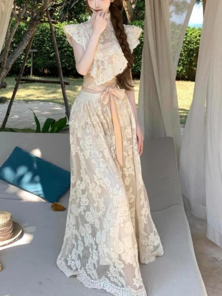 Summer French Vintage 2 Piece Set Women Lace Design Spliced Tops + High Waist Midi Skirt Female Chic Sweet Beach Style Outfits
Summer French Vintage 2 Piece Set Women Lace Design Spliced Tops + High Waist Midi Skirt Female Chic Sweet Beach Style Outfits