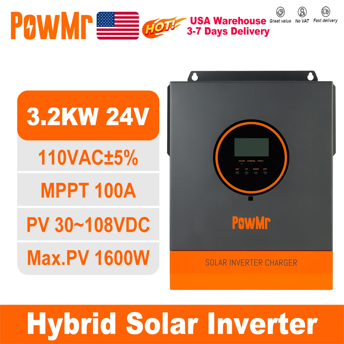 Гибридные солнечные инверторы PowMr USA 3.2 кВт 24В 110В переменного тока с чистой синусоидой, контроллер MPPT 100А для литиевых аккумуляторов PV 30В-108В с Wi-Fi
Гибридные солнечные инверторы PowMr USA 3.2 кВт 24В 110В переменного тока с чистой синусоидой, контроллер MPPT 100А для литиевых аккумуляторов PV 30В-108В с Wi-Fi