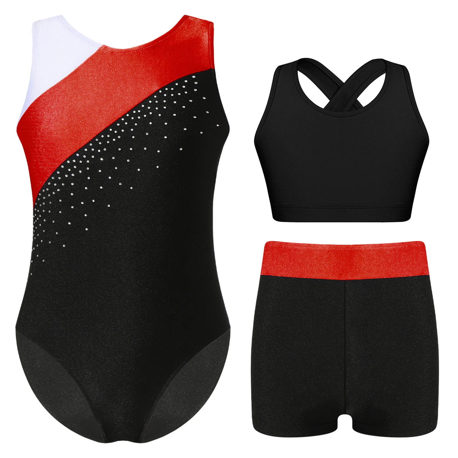 Kids Girls Sports Tracksuit Sleeveless Rhinestone Contrast Color Gymnastics Dance Leotards Rear Keyhole Back Bra Top with Shorts
Kids Girls Sports Tracksuit Sleeveless Rhinestone Contrast Color Gymnastics Dance Leotards Rear Keyhole Back Bra Top with Shorts