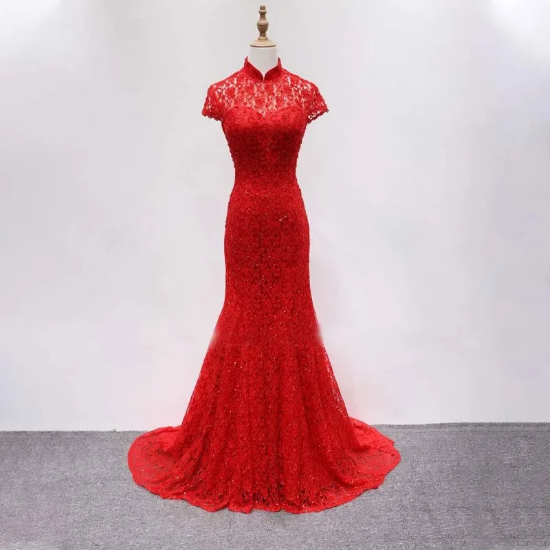 Customized Evening Dress Red Lace Beads High Collar Short Sleeves Floor-Length Zipper Mermaid Plus size Woman Party Formal Gown
Customized Evening Dress Red Lace Beads High Collar Short Sleeves Floor-Length Zipper Mermaid Plus size Woman Party Formal Gown