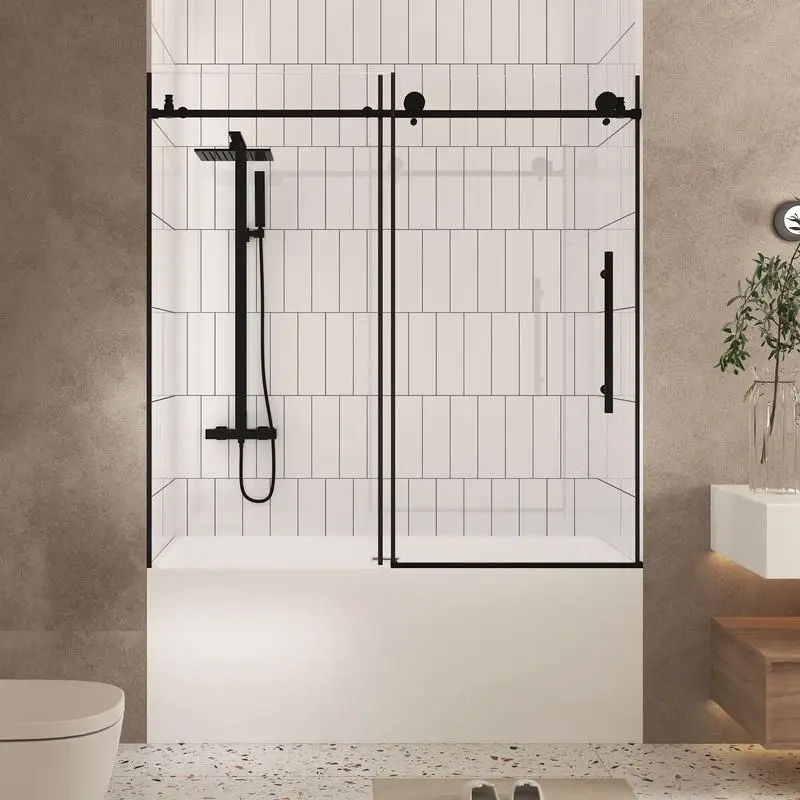 Frameless Shower Door 60" W x 60" H, 1/4" (6 mm) Clear Tempered Glass, Safety Film, Stainless Steel Handle, Matte Black Finish
Frameless Shower Door 60" W x 60" H, 1/4" (6 mm) Clear Tempered Glass, Safety Film, Stainless Steel Handle, Matte Black Finish