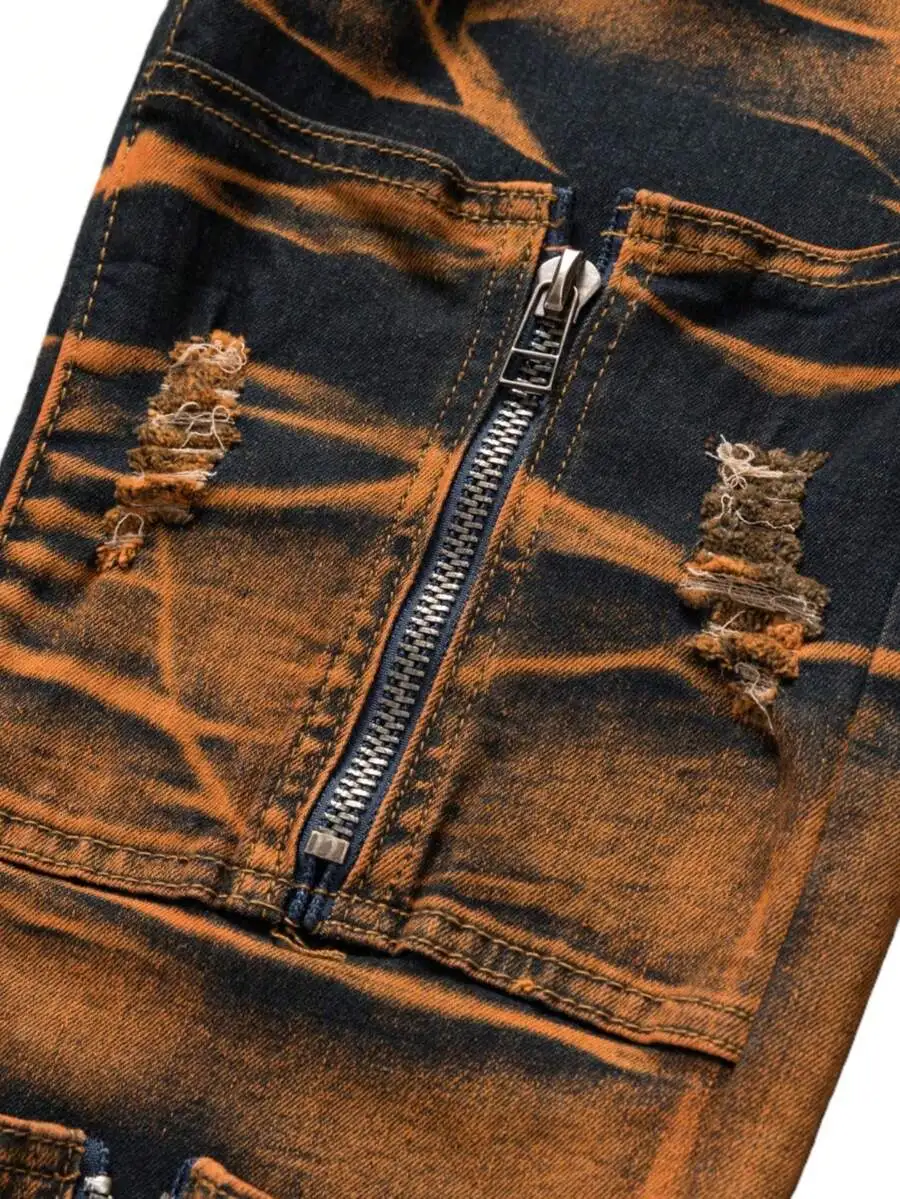 Mens Slim Fit Cargo Jeans With Zipper Pockets And Distressed Details
Mens Slim Fit Cargo Jeans With Zipper Pockets And Distressed Details