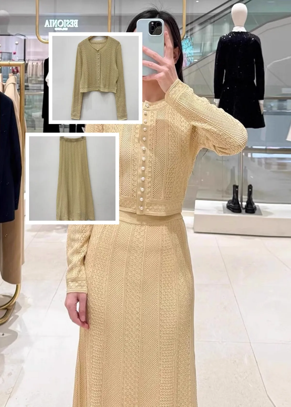 Women Hollow Out Solid Color Set Pearl Buttons O-Neck Long Sleeves Knit Cardigan + A-Line Midi Skirt Spring New
Women Hollow Out Solid Color Set Pearl Buttons O-Neck Long Sleeves Knit Cardigan + A-Line Midi Skirt Spring New