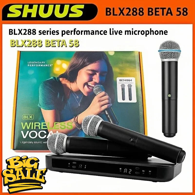 Беспроводная цифровая микрофонная система HOT BLX288 BETA58 UHF с двумя ручными суперкардиоидными передатчиками для живых выступлений и караоке
Беспроводная цифровая микрофонная система HOT BLX288 BETA58 UHF с двумя ручными суперкардиоидными передатчиками для живых выступлений и караоке
