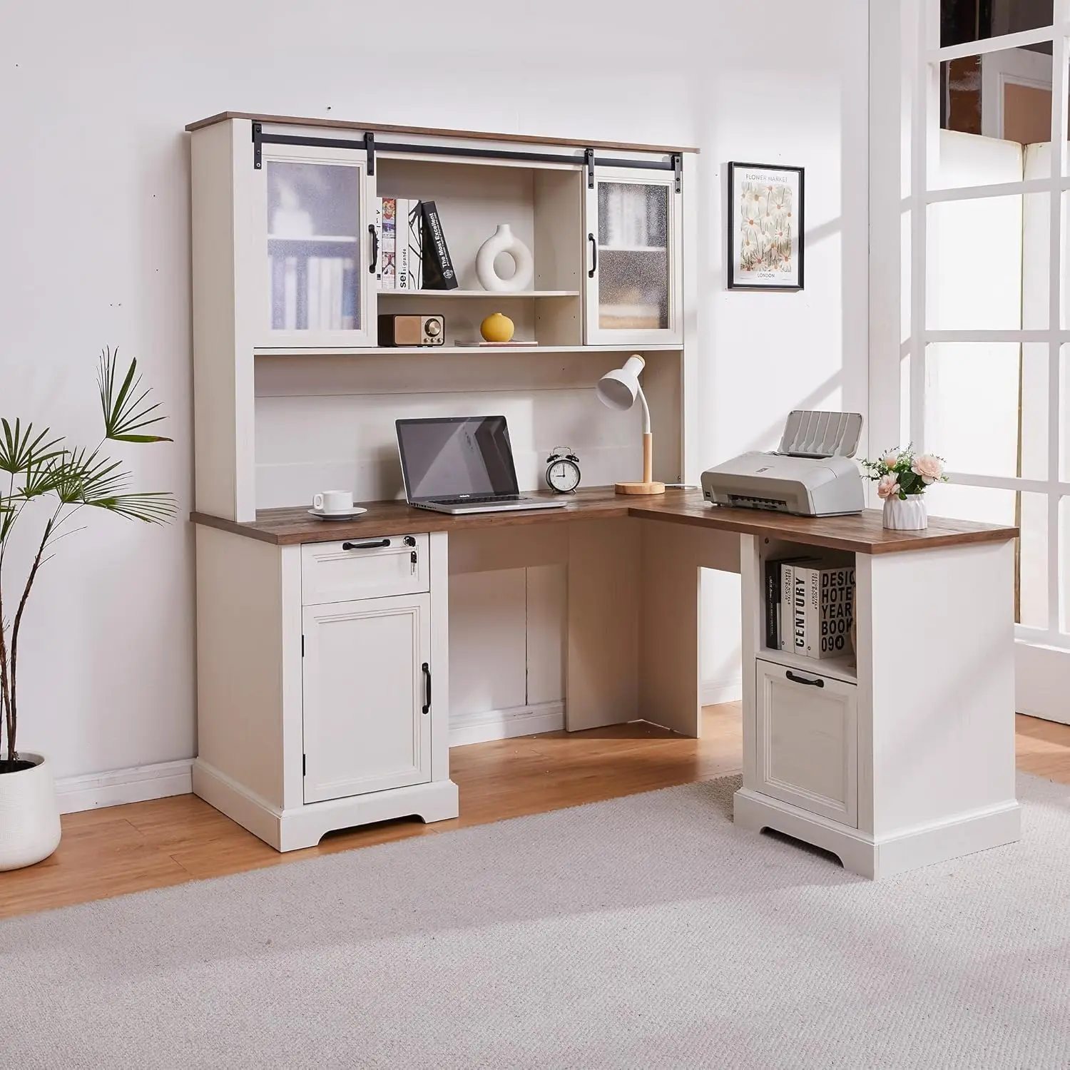 60" Farmhouse L Shaped Desk with Hutch,Executive Desk with Lockable Drawers,Built-in Power Outlet,Adjustble File, Customized
60" Farmhouse L Shaped Desk with Hutch,Executive Desk with Lockable Drawers,Built-in Power Outlet,Adjustble File, Customized