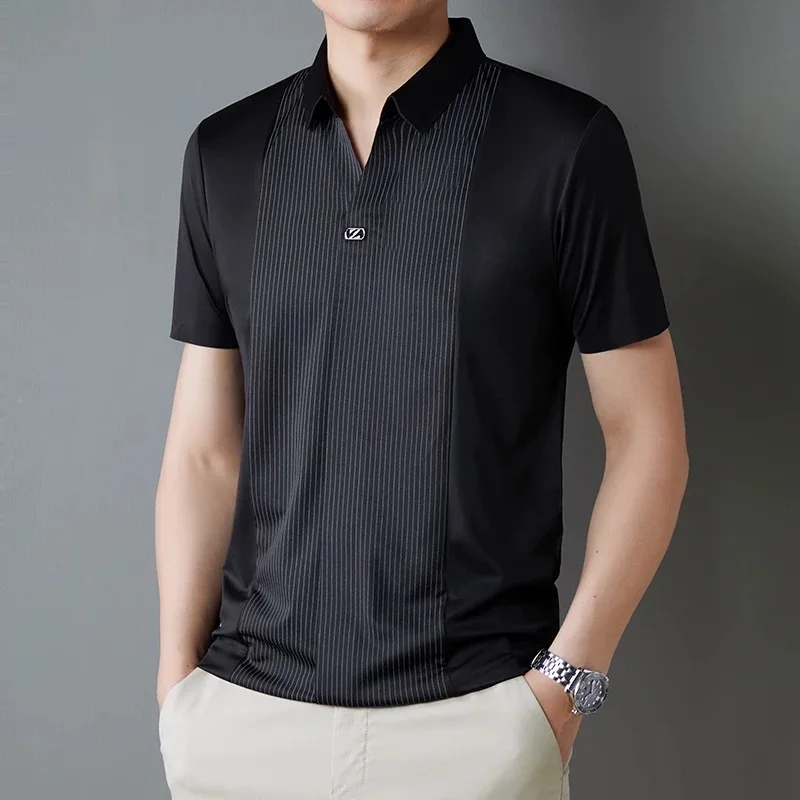 Personality patchwork stripe short sleeve polo shirt fashion brand embossed buttonless V-neck design men summer ice silk T-shirt
Personality patchwork stripe short sleeve polo shirt fashion brand embossed buttonless V-neck design men summer ice silk T-shirt