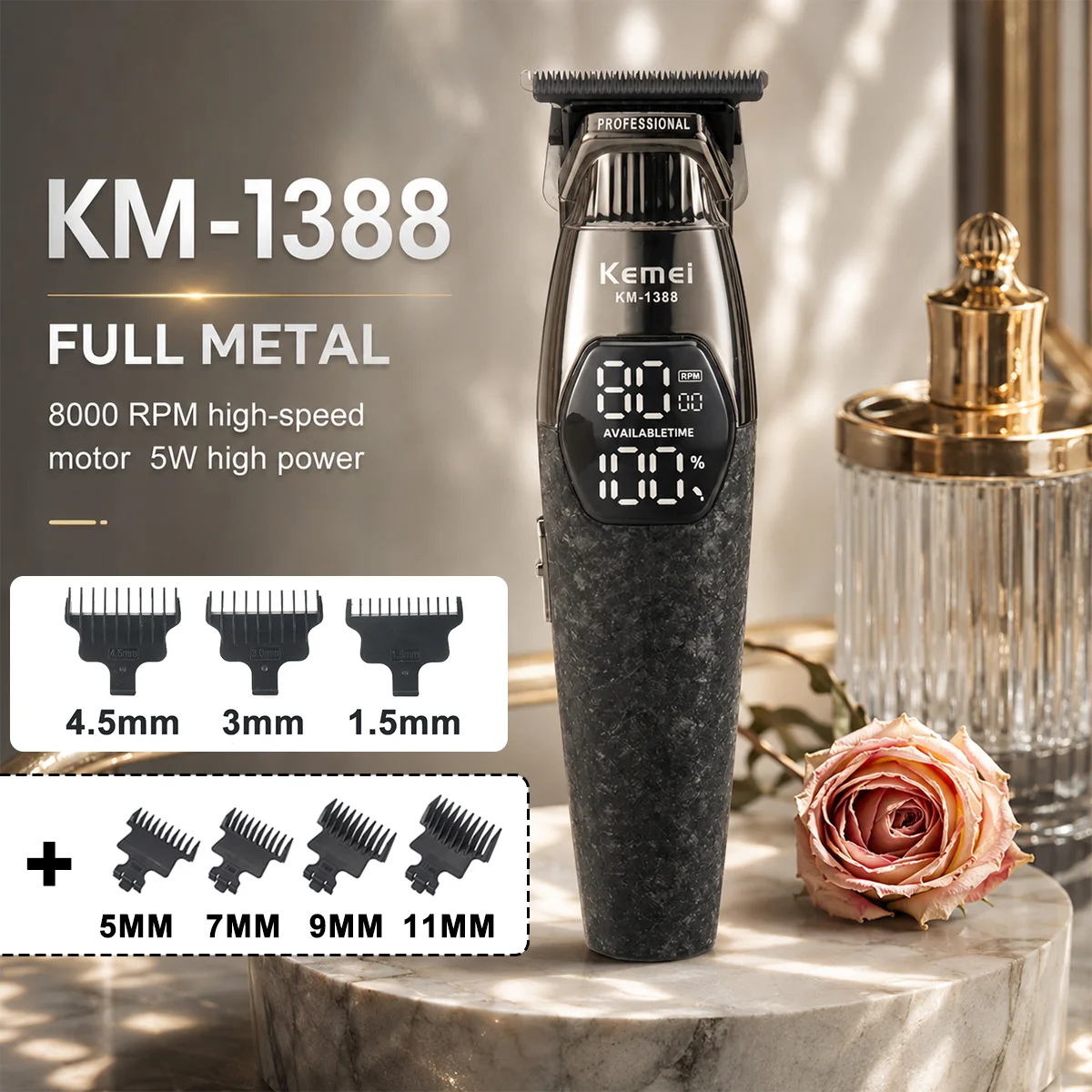 Kemei KM-1388 Hair Trimmer for Men DLC Blade 8000RPM 5W Motor Full Metal LED Display Professional Hair Trimmer Finishing Machine
Kemei KM-1388 Hair Trimmer for Men DLC Blade 8000RPM 5W Motor Full Metal LED Display Professional Hair Trimmer Finishing Machine