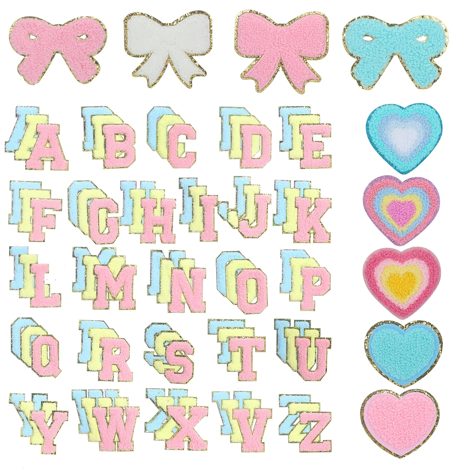 87pcs Pastel Self-Adhesive Chenille Patch Set - Hearts, Bows & A-Z Letters for No-Sew DIY on Clothing, Bags&Party/Wedding Decor
87pcs Pastel Self-Adhesive Chenille Patch Set - Hearts, Bows & A-Z Letters for No-Sew DIY on Clothing, Bags&Party/Wedding Decor