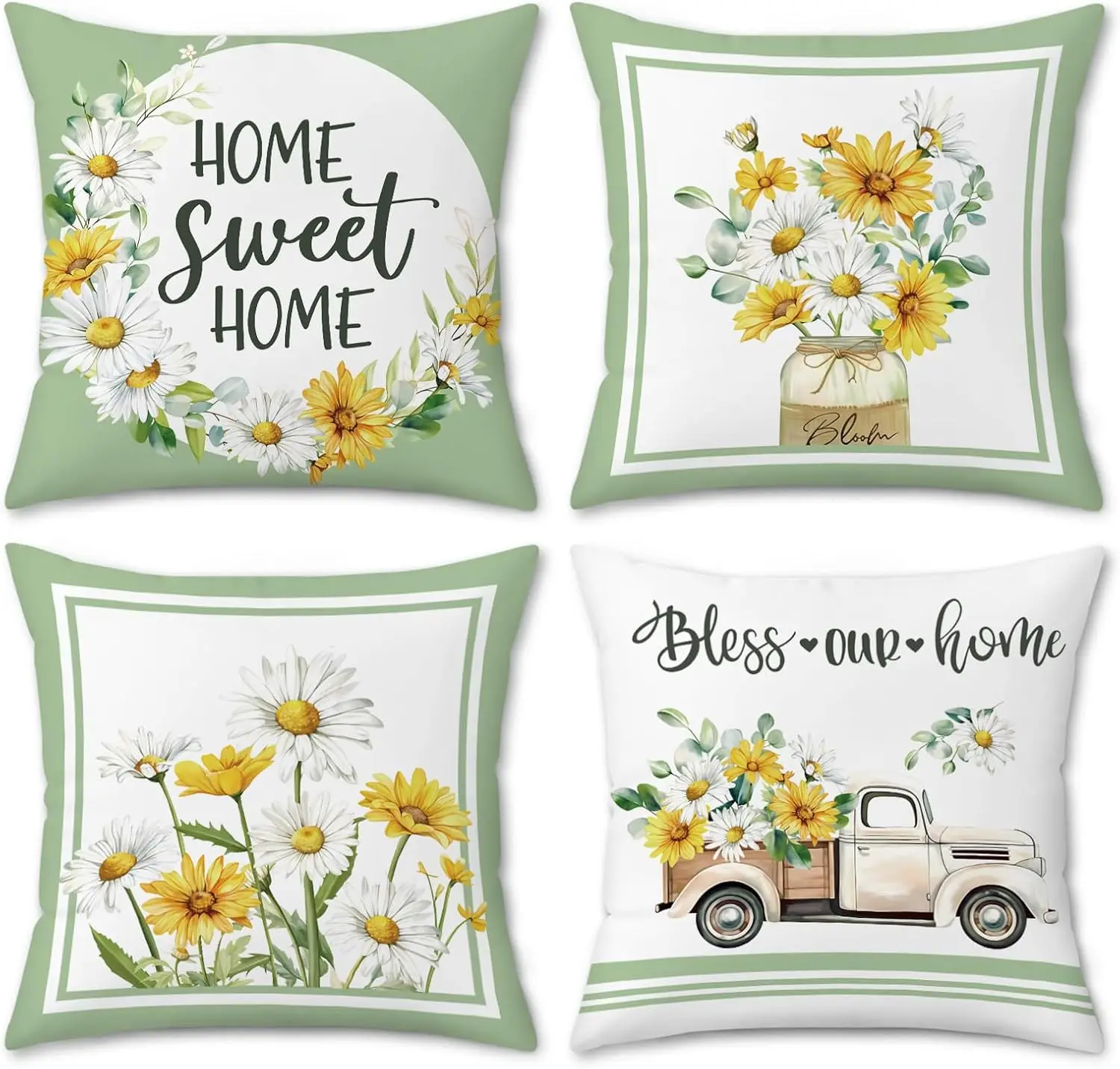 4pcs Daisy Sunflower Home Sweet Home Bless Our Home Floral Printed Pillow Cover Polyester Cushion Case 2D Flat Farmhouse Now
4pcs Daisy Sunflower Home Sweet Home Bless Our Home Floral Printed Pillow Cover Polyester Cushion Case 2D Flat Farmhouse Now