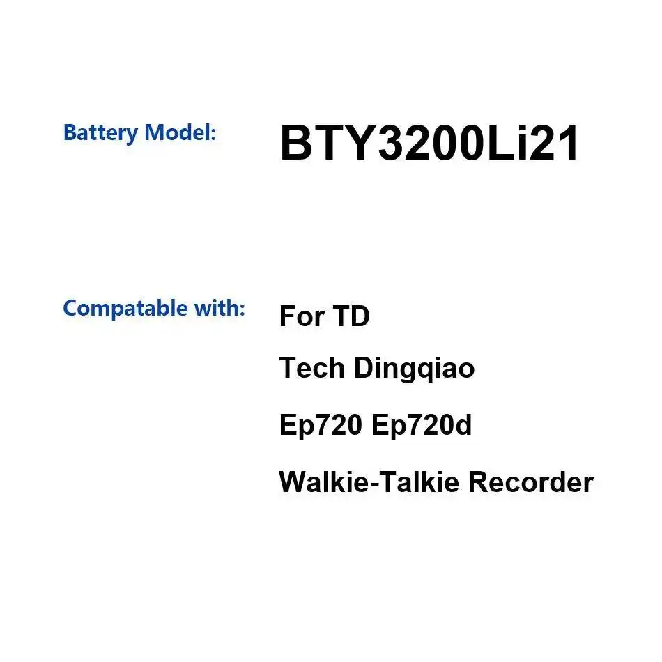 Аккумулятор для рации 3200 мАч для TD Tech Dingqiao Ep720 Ep720d BTY3200Li21: Надежная энергия
Аккумулятор для рации 3200 мАч для TD Tech Dingqiao Ep720 Ep720d BTY3200Li21: Надежная энергия