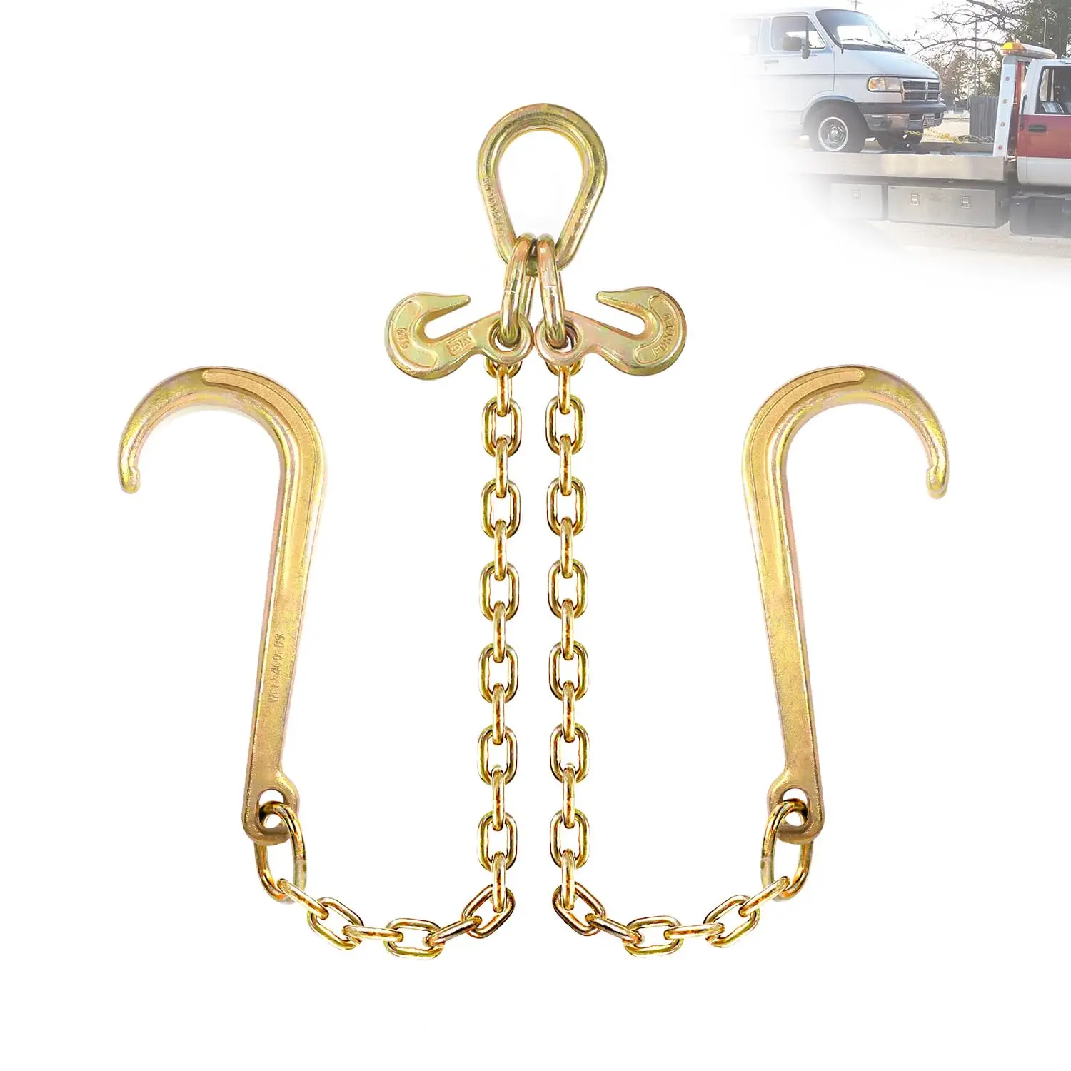3/8 Inch G80 V-Shape Tow Chain With 15 Inch J Hooks, 2 Foot Legs, 7100 LBS WLL For Flatbed And Rollback Recovery
3/8 Inch G80 V-Shape Tow Chain With 15 Inch J Hooks, 2 Foot Legs, 7100 LBS WLL For Flatbed And Rollback Recovery