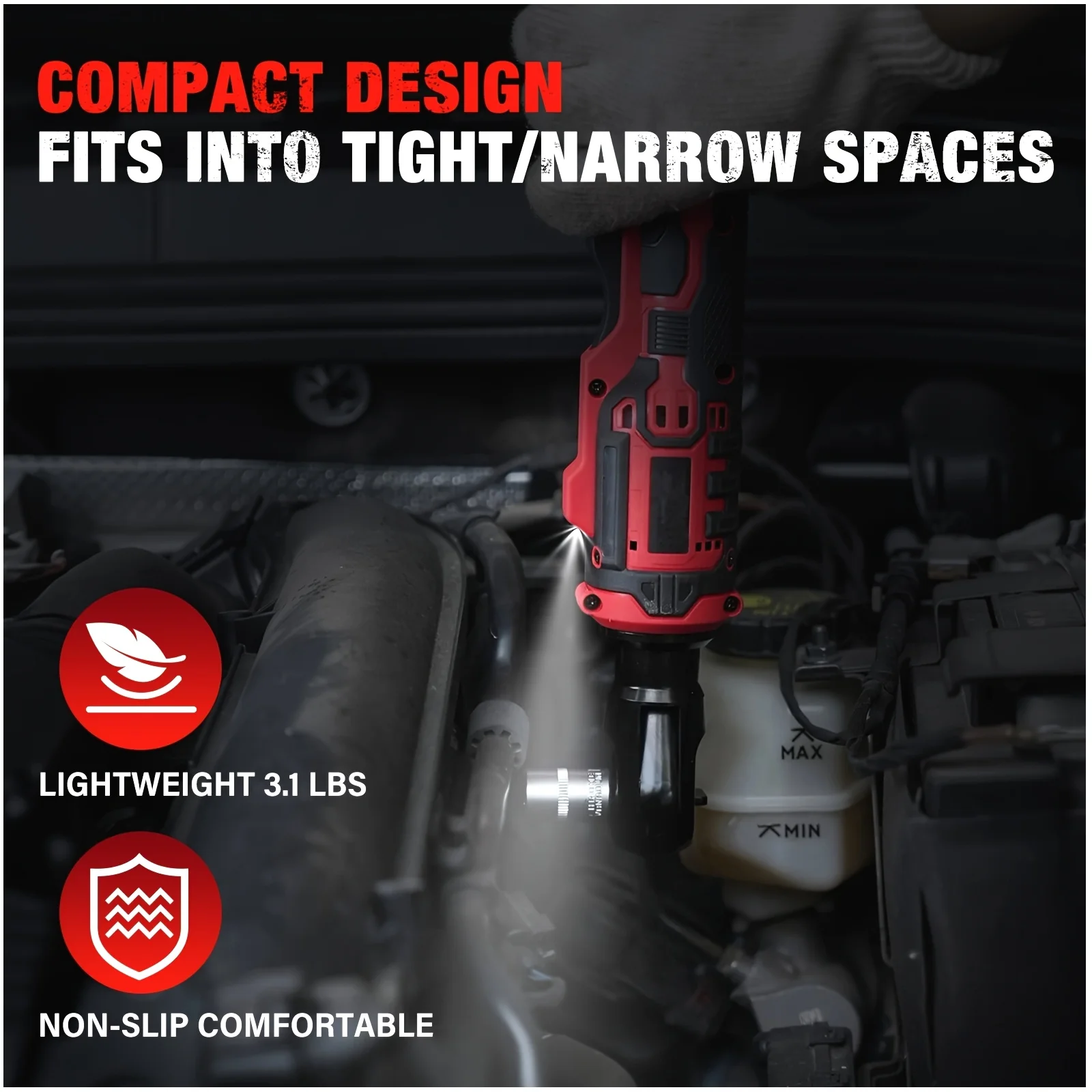 Cordless 21V 3/8" Brushless Ratchet Wrench Set – 88 Ft-lbs Torque, 500 RPM, Variable Speed Control, Built-in LED Light, Includes 2x 2000mAh Batteries, 5 Sockets, 1/2" Adapter & 3" Extension Bar
Cordless 21V 3/8" Brushless Ratchet Wrench Set – 88 Ft-lbs Torque, 500 RPM, Variable Speed Control, Built-in LED Light, Includes 2x 2000mAh Batteries, 5 Sockets, 1/2" Adapter & 3" Extension Bar