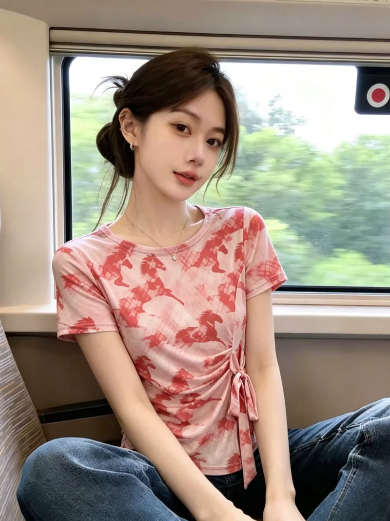 Summer Short Sleeve T-Shirt Women's round Neck Gradient Print Mesh Self-Keeping Style Korean Version Slim Fit Top with Tie
Summer Short Sleeve T-Shirt Women's round Neck Gradient Print Mesh Self-Keeping Style Korean Version Slim Fit Top with Tie