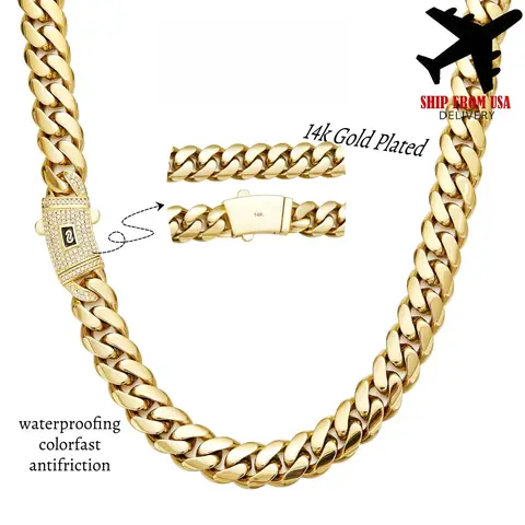 14K Gold-Plated Miami Cuban Necklace Waterproof, Fade-Proof Hypoallergenic The Latest Electroplating Process for Rust Prevention Miami Link Chain Items 6-14mm Sizes Hip-Hop Style Fashion Timeless Shine for Every Look Men's Jewelry