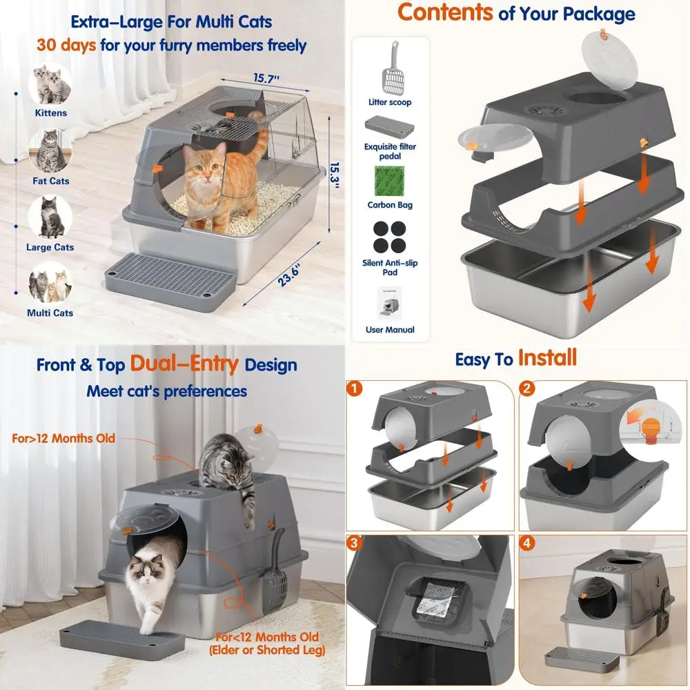 Extra Large XL Stainless Steel Cat Litter Box with Lid, Covered Metal Enclosure, Front & Top Entry, Step Access, Scoop Included
Extra Large XL Stainless Steel Cat Litter Box with Lid, Covered Metal Enclosure, Front & Top Entry, Step Access, Scoop Included