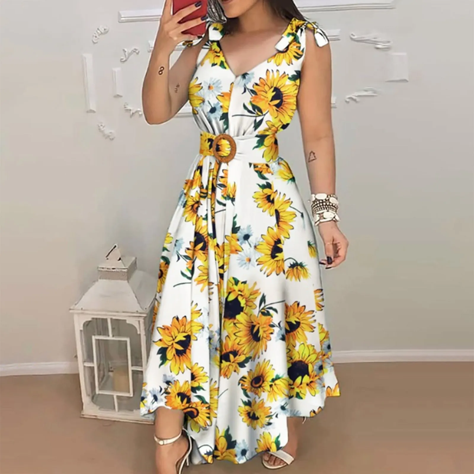 Women Fashion Summer Floral Casual Dress Tie Shoulder Sleeveless V Neck Belt Zipper Long Maxi Dress Womens Vintage Dresses
Women Fashion Summer Floral Casual Dress Tie Shoulder Sleeveless V Neck Belt Zipper Long Maxi Dress Womens Vintage Dresses