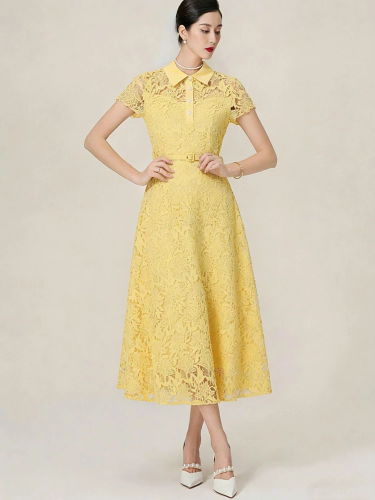 High Quality Solid Hollowed-out Big Swing Dresses Spring Women Short Sleeves Lapel with Belt Dress High Waist Knee Length Dress
High Quality Solid Hollowed-out Big Swing Dresses Spring Women Short Sleeves Lapel with Belt Dress High Waist Knee Length Dress