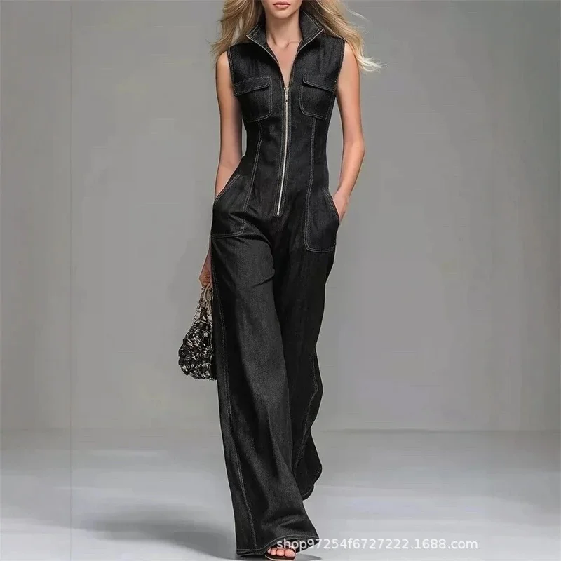 Black Sleeveless Stand Collar Zip Up Denim Wide Leg Jumpsuit Contrast Stitching Loose Fit For Women Summer Casual Street Wear
Black Sleeveless Stand Collar Zip Up Denim Wide Leg Jumpsuit Contrast Stitching Loose Fit For Women Summer Casual Street Wear