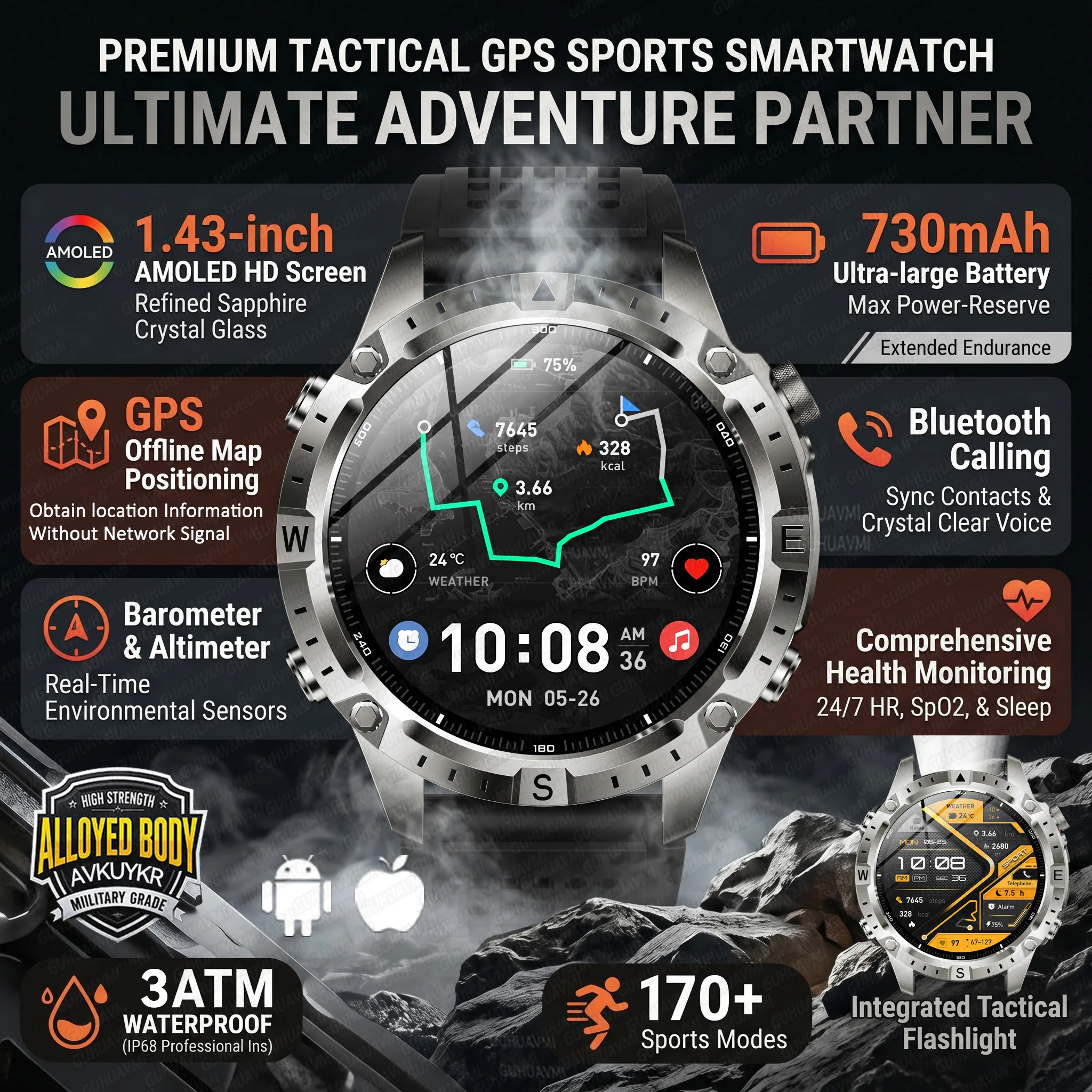 Смарт-часы 2026 с GPS и офлайн-картами, 1.43'' AMOLED, военные, прочные, для мужчин, аккумулятор 730 мАч, 170+ спортивных режимов, водонепроницаемые, с функцией звонков
Смарт-часы 2026 с GPS и офлайн-картами, 1.43'' AMOLED, военные, прочные, для мужчин, аккумулятор 730 мАч, 170+ спортивных режимов, водонепроницаемые, с функцией звонков