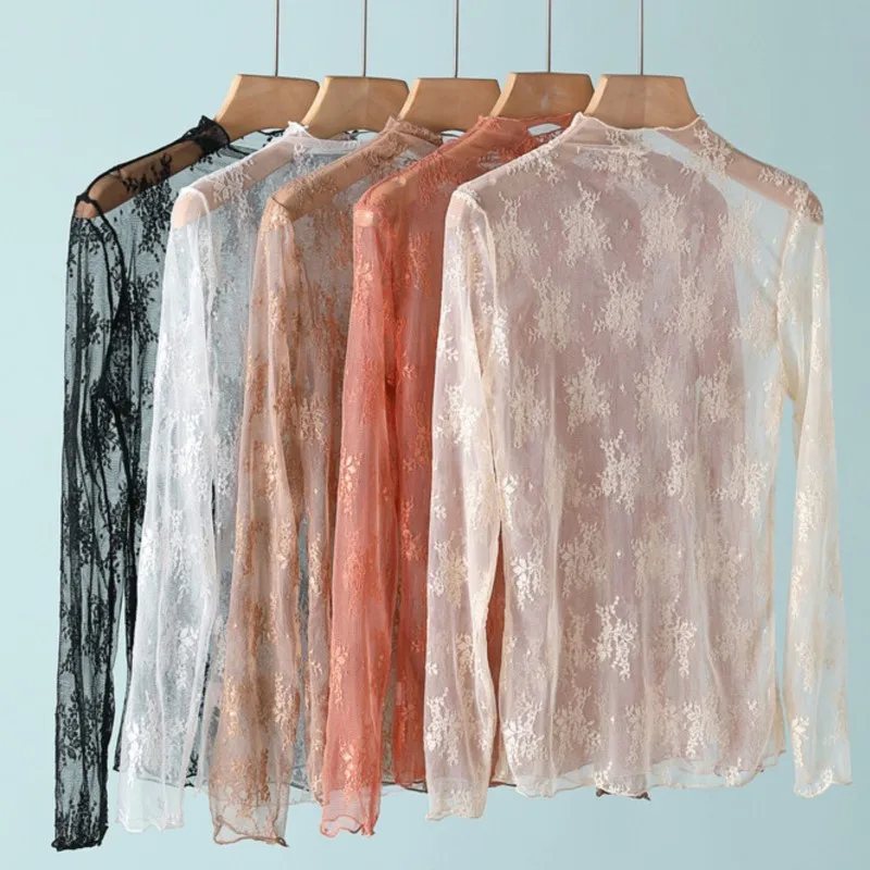 Sexy Half High Collar Floral Lace Mesh Sheer T-Shirt For Women Long Sleeve O-Neck See Through Bottomed Blouse Tees Body Crop Top
Sexy Half High Collar Floral Lace Mesh Sheer T-Shirt For Women Long Sleeve O-Neck See Through Bottomed Blouse Tees Body Crop Top