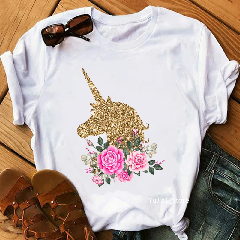 Golden Glitter Unicorn Print Women'S Tshirt Watercolor Pink Flowers Tshirt Femme Summer Tops Tee Shirt Female Harajuku Shirt
Golden Glitter Unicorn Print Women'S Tshirt Watercolor Pink Flowers Tshirt Femme Summer Tops Tee Shirt Female Harajuku Shirt