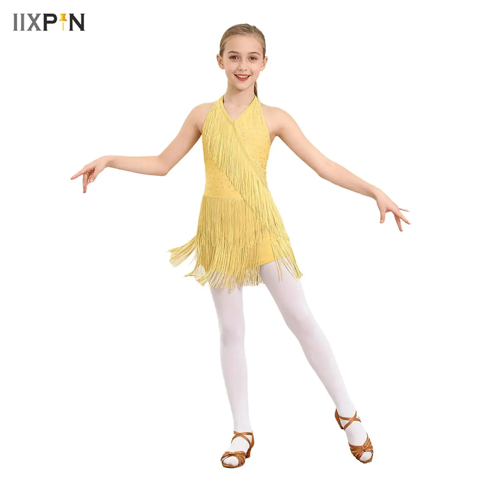 Kids Girls Latin Dance Dresses Glittery Rhinestones Fringe Leotard Dress Halter V-neck Sleeveless Strappy Back Tassel Jumpsuit
Kids Girls Latin Dance Dresses Glittery Rhinestones Fringe Leotard Dress Halter V-neck Sleeveless Strappy Back Tassel Jumpsuit