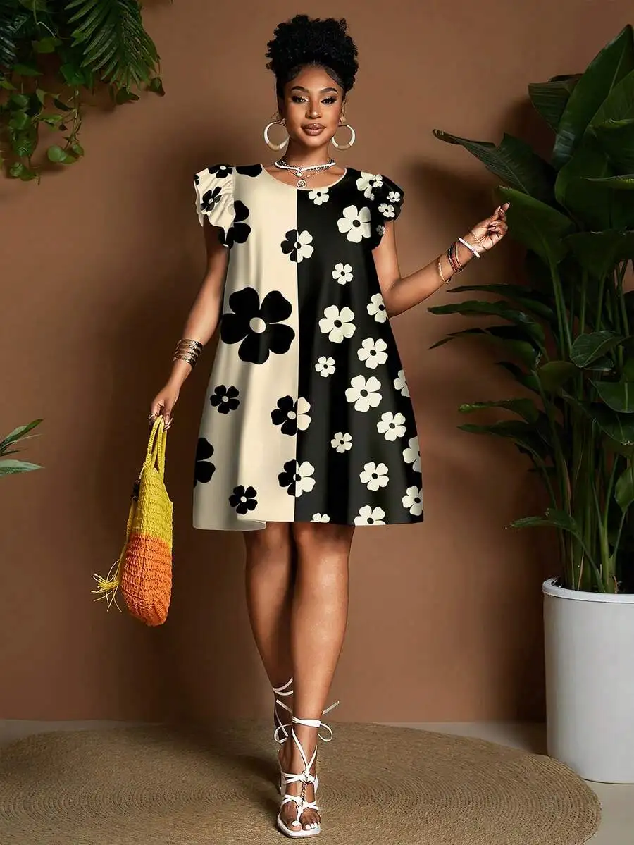 Womens Floral Print Short Sleeve A-Line Dress For Holiday Party
Womens Floral Print Short Sleeve A-Line Dress For Holiday Party