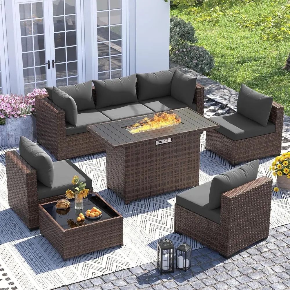 8-Piece Outdoor Sectional Sofa Set with Fire Pit Table, All-Weather Wicker, Grey
8-Piece Outdoor Sectional Sofa Set with Fire Pit Table, All-Weather Wicker, Grey