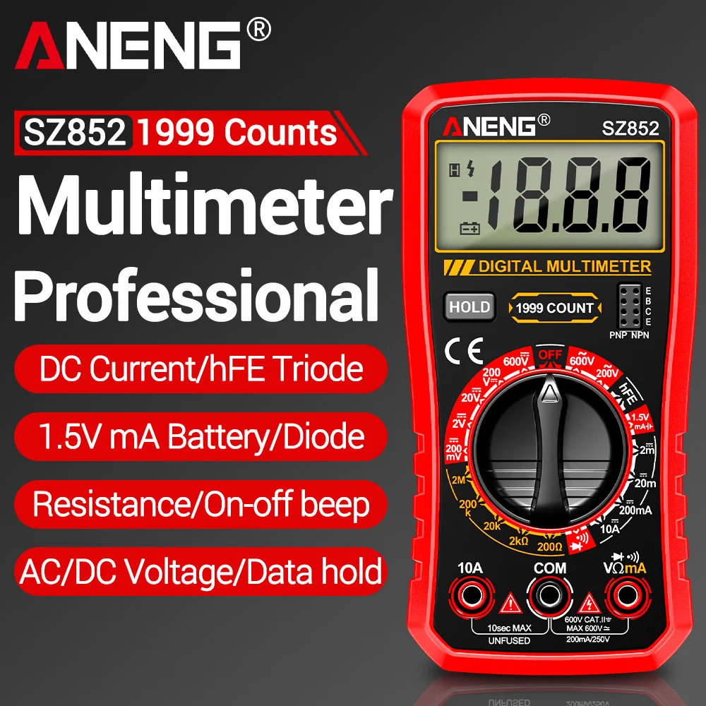 ANENG Digital Multimeter Professional 1999 Counts AC/DC Voltage Ammeter hFE transistor Resistance DIY Measurement tools SZ852
ANENG Digital Multimeter Professional 1999 Counts AC/DC Voltage Ammeter hFE transistor Resistance DIY Measurement tools SZ852