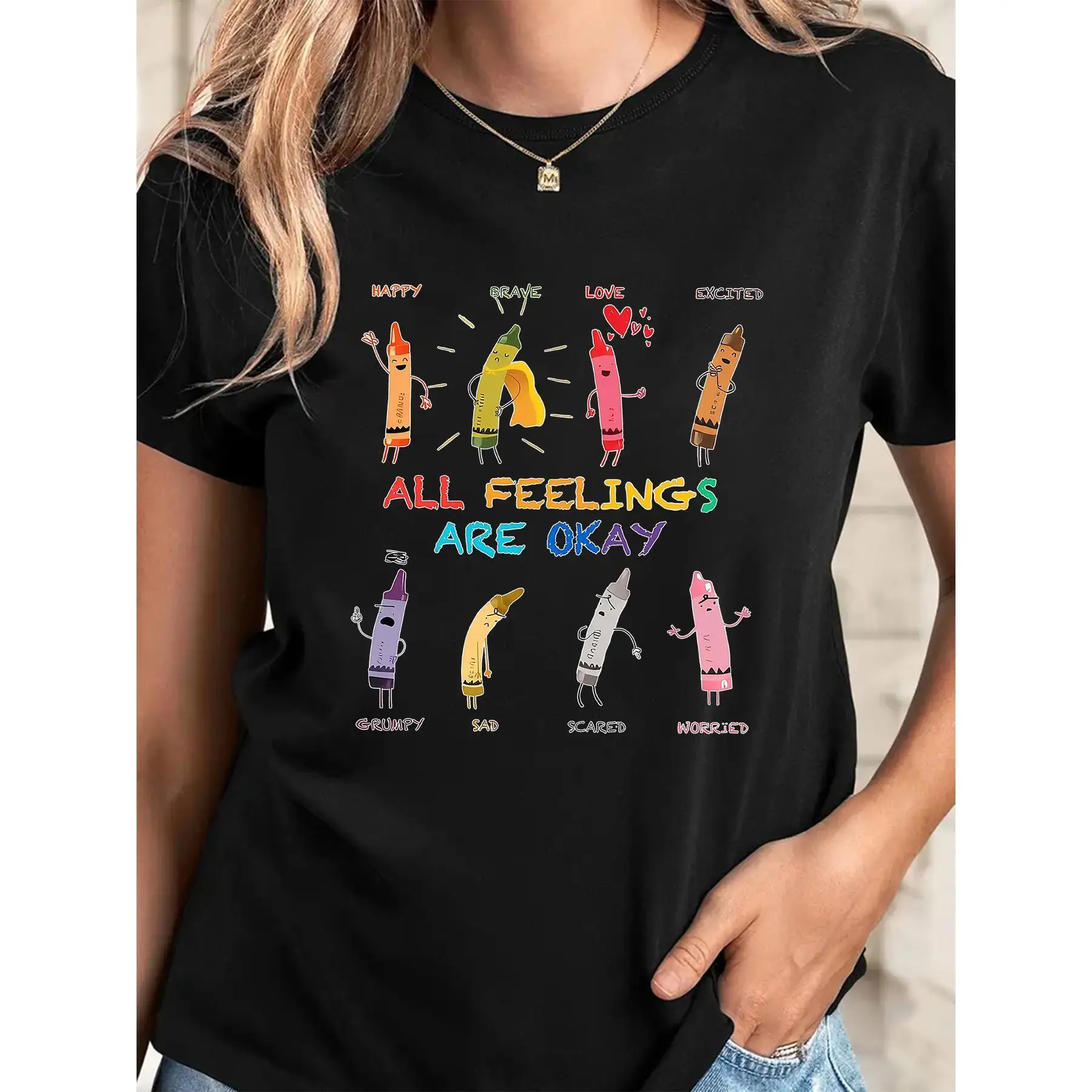 Women's White Casual T-Shirt With "ALL FEELINGS ARE OKAY" Colorful Crayon & Emotion Design - Soft Stretch Round Neck Short Sleev
Women's White Casual T-Shirt With "ALL FEELINGS ARE OKAY" Colorful Crayon & Emotion Design - Soft Stretch Round Neck Short Sleev