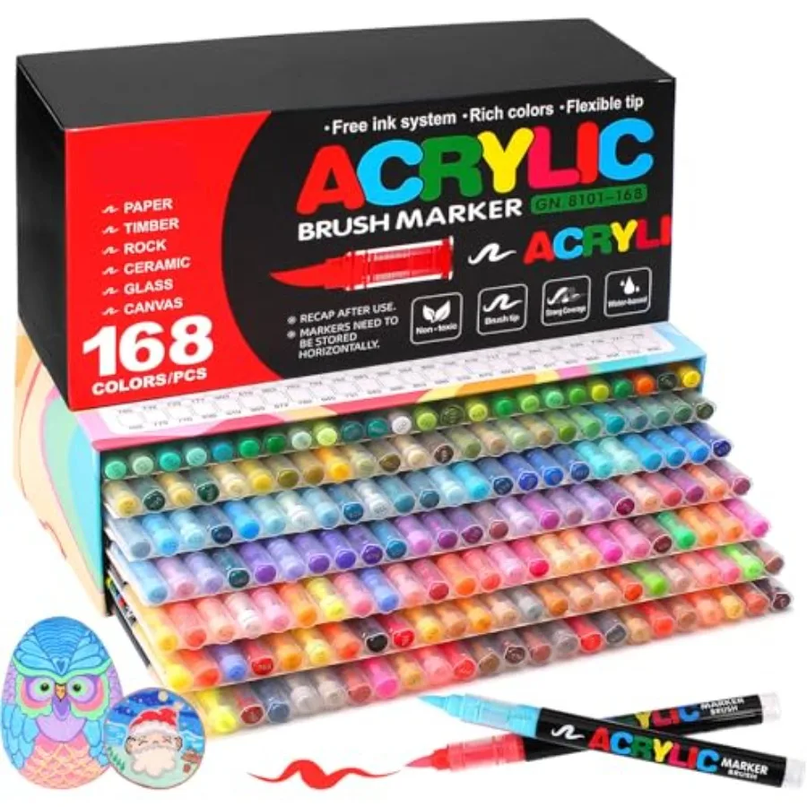 168 Acrylic Paint Markers, Soft Brush Tip Acrylic Markers for Rock Painting, Wood, Stone, Glass, Canvas, Fabric, Ceramic - Brus
168 Acrylic Paint Markers, Soft Brush Tip Acrylic Markers for Rock Painting, Wood, Stone, Glass, Canvas, Fabric, Ceramic - Brus