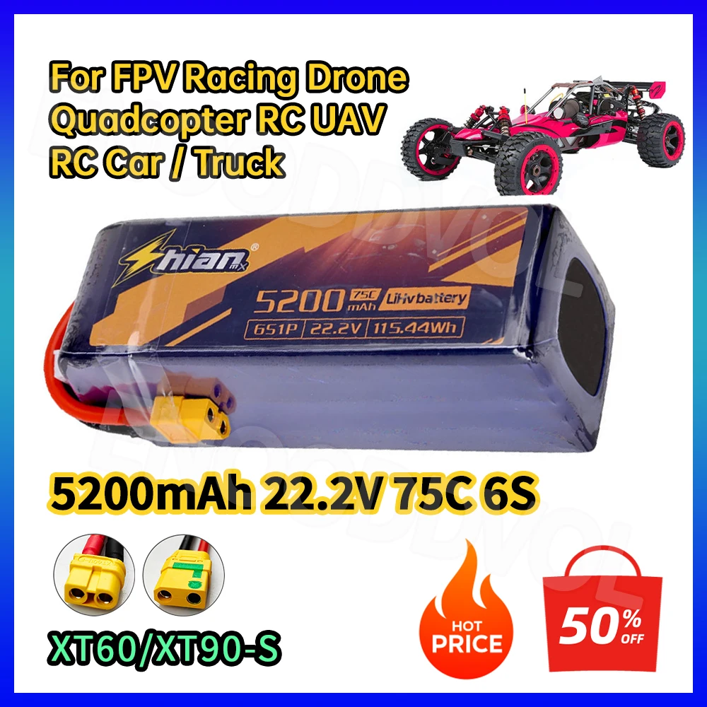 22.2V 5200mAh 6S 75C LiPo Battery with XT60/XT90 Plug High Discharge for FPV Racing Drone Quadcopter RC UAV Long Flight Time
22.2V 5200mAh 6S 75C LiPo Battery with XT60/XT90 Plug High Discharge for FPV Racing Drone Quadcopter RC UAV Long Flight Time