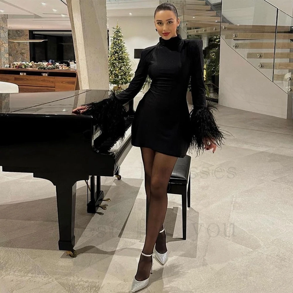 High Neck Black Evening Dresses for Women 2024 Summer Full Sleeve Mini Prom Gowns with Feather Zipper Back New Robe De Soirée
High Neck Black Evening Dresses for Women 2024 Summer Full Sleeve Mini Prom Gowns with Feather Zipper Back New Robe De Soirée