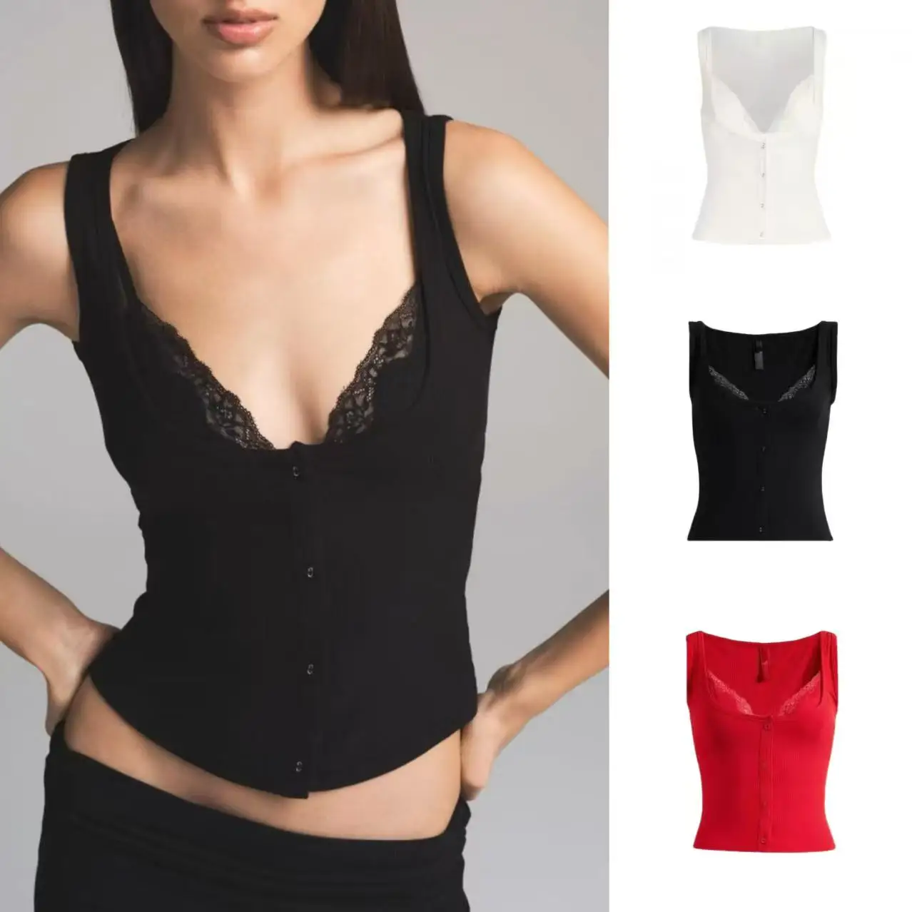 26SS KIM Black Lace Tank Top, Faux Two-Piece Design with Built-in Triangle Cup Bra, Low-Neck Tank Top
26SS KIM Black Lace Tank Top, Faux Two-Piece Design with Built-in Triangle Cup Bra, Low-Neck Tank Top