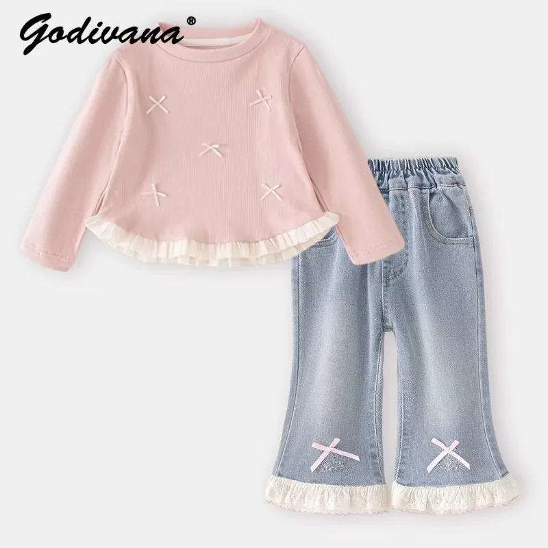 Sweet Little Girls 2026 New Spring Casual Set Kids Cute Long Sleeve O-neck Lace Trim Shirt Elastic Waist Bow Flared Pants Set
Sweet Little Girls 2026 New Spring Casual Set Kids Cute Long Sleeve O-neck Lace Trim Shirt Elastic Waist Bow Flared Pants Set