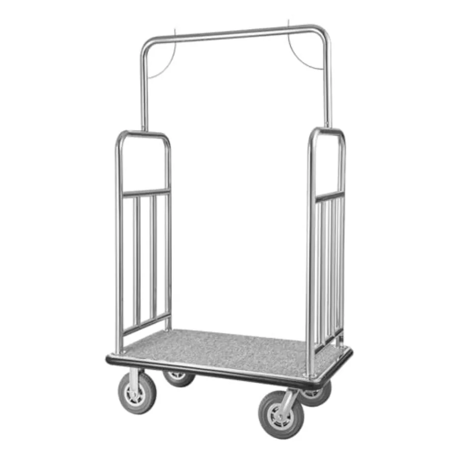 Hotel Luggage Cart, Brushed Stainless Steel Finish Bellman's Cart, 1200 LBS Valet Cart with Grey Carpeted Deck and 8-inch Rubbe
Hotel Luggage Cart, Brushed Stainless Steel Finish Bellman's Cart, 1200 LBS Valet Cart with Grey Carpeted Deck and 8-inch Rubbe