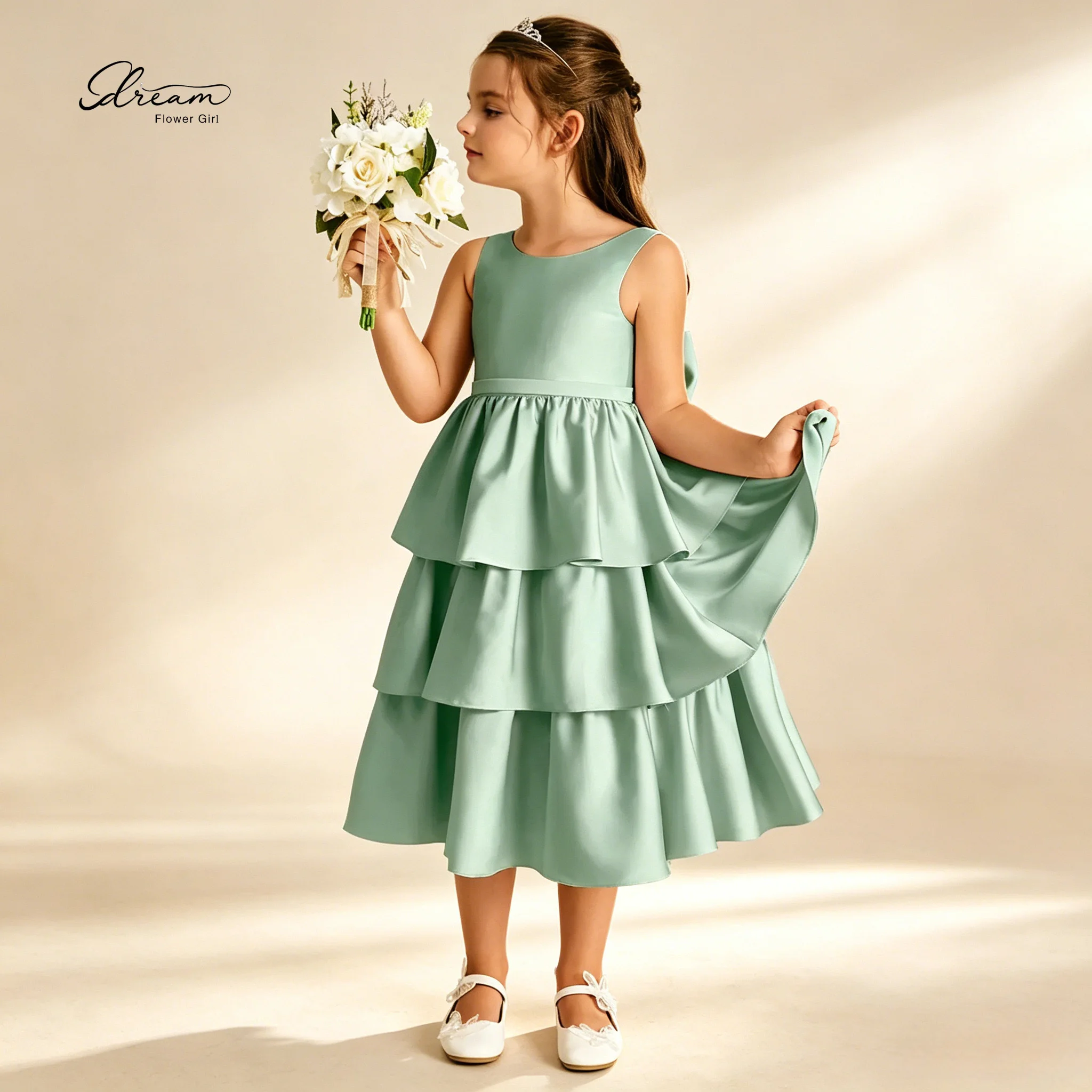 Elegant Green Chiffon Sleeveless Ball Gown for Children featuring a lace-trimmed fitted waist design
Elegant Green Chiffon Sleeveless Ball Gown for Children featuring a lace-trimmed fitted waist design