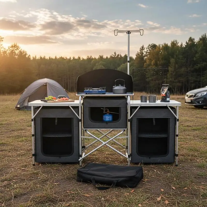 Outsunny Foldable Camping Kitchen with 3 Levels, 5 Internal Shelves and 4 Hooks, 172x48x119 cm, Black
Outsunny Foldable Camping Kitchen with 3 Levels, 5 Internal Shelves and 4 Hooks, 172x48x119 cm, Black