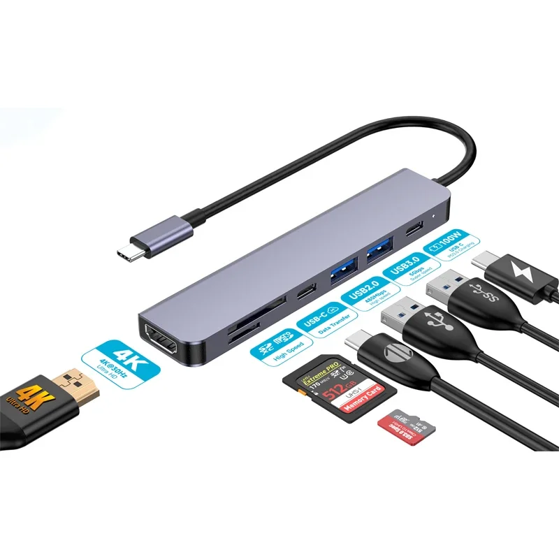 7 in 1 USB C Hub to 4K USB 3.0 Hub with SD TF Card Reader PD 100W Fast Charging For Notebook Computer
7 in 1 USB C Hub to 4K USB 3.0 Hub with SD TF Card Reader PD 100W Fast Charging For Notebook Computer
