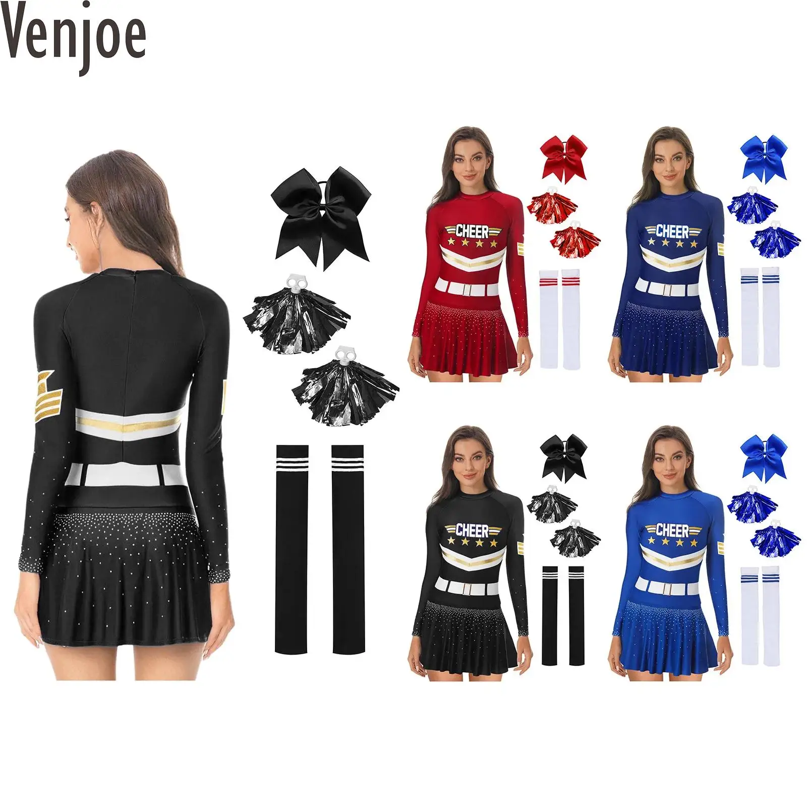 Women Cheerleading Outfits Glittery Rhinestone Dress with Hand Flowers Bowknot Hair Ties and Long Tube Socks for Halloween
Women Cheerleading Outfits Glittery Rhinestone Dress with Hand Flowers Bowknot Hair Ties and Long Tube Socks for Halloween