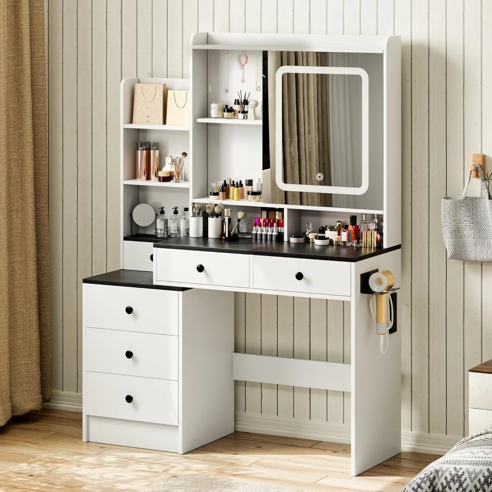 Farmhouse Women Vanity Desk with Mirror and Lights, Rustic Big Makeup Table with Charging Station, Drawers, Cabinets
Farmhouse Women Vanity Desk with Mirror and Lights, Rustic Big Makeup Table with Charging Station, Drawers, Cabinets