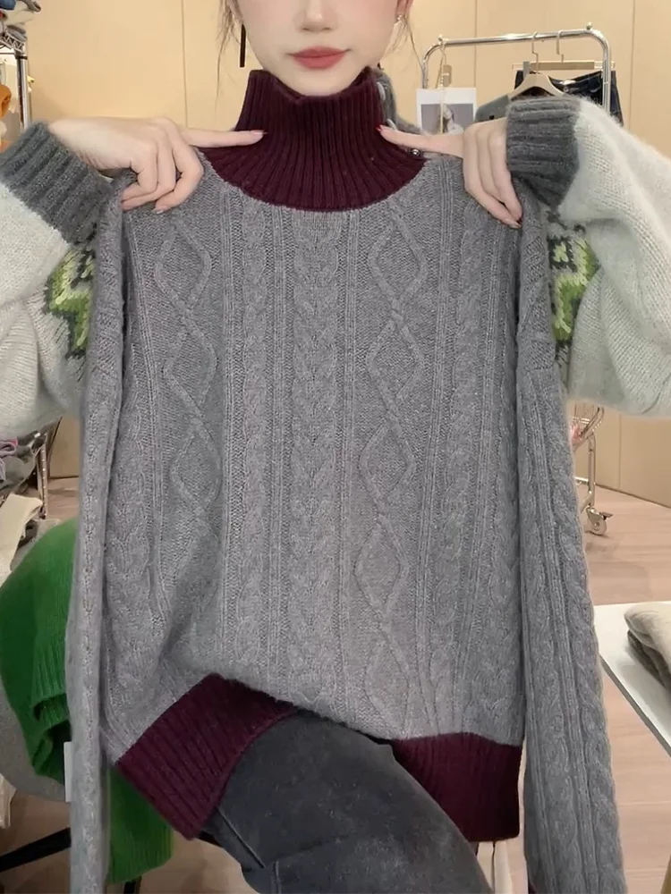 Korean Style High Neck Texture Knit Sweater Color Block Versatile Large Size Autumn Winter New Arrival Fashionable Sweater
Korean Style High Neck Texture Knit Sweater Color Block Versatile Large Size Autumn Winter New Arrival Fashionable Sweater
