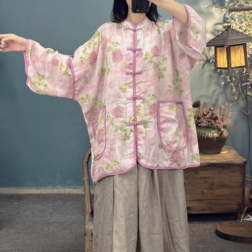 Women's Ramie Medium long Jacket Print Thin Kimono Long sleeves Chinese Frog Button Cape Trench Pockets Blouse Loose Big Shirt
Women's Ramie Medium long Jacket Print Thin Kimono Long sleeves Chinese Frog Button Cape Trench Pockets Blouse Loose Big Shirt