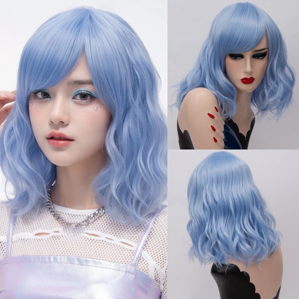 Short Cosplay Wigs For Women Blue Wavy Curly Wig With Side Bangs Synthetic Hair Wig For Daily Party Heat Resistant Fiber
Short Cosplay Wigs For Women Blue Wavy Curly Wig With Side Bangs Synthetic Hair Wig For Daily Party Heat Resistant Fiber