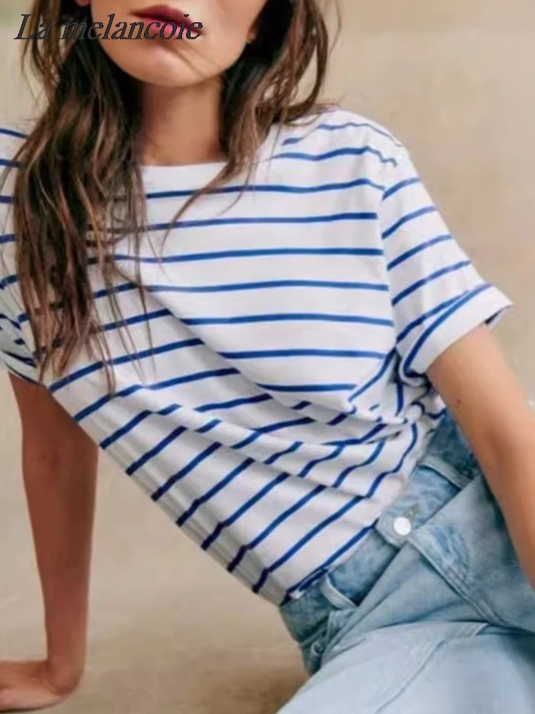 Stripe Print T-Shirts Woman Summer 2024 New Retro Casual Blue Cotton T-shirt Female Fashion Loose Round Neck Short Sleeve Tops
Stripe Print T-Shirts Woman Summer 2024 New Retro Casual Blue Cotton T-shirt Female Fashion Loose Round Neck Short Sleeve Tops