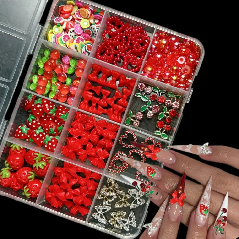 12Grids/Box 3D Red Strawberry Cherry Bow Nail Charms Heart Butterfly Flatback Rhinestones Mix Resin Jewelry Manicure Accessories
12Grids/Box 3D Red Strawberry Cherry Bow Nail Charms Heart Butterfly Flatback Rhinestones Mix Resin Jewelry Manicure Accessories