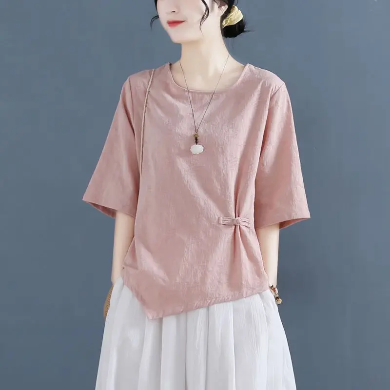 Summer Cotton Linen Women T-Shirt O-Neck Short Sleeve Tees Korean Fashion Buckle Jacquard Female Basic Irregular Tops A905
Summer Cotton Linen Women T-Shirt O-Neck Short Sleeve Tees Korean Fashion Buckle Jacquard Female Basic Irregular Tops A905