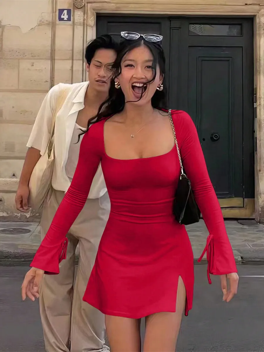 Women Square Collar Long Sleeve Mini Dress Red Solid Casual Party Dress
Women Square Collar Long Sleeve Mini Dress Red Solid Casual Party Dress