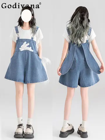Plus Size Sweet Loose Blue Cute Rabbit Long Ears Denim Overalls Girl Summer New High Waist Leisure College Age-reducing Jumpsuit